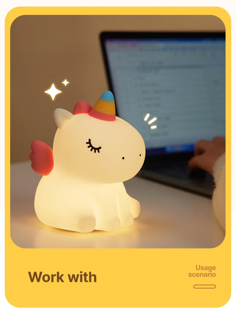 Unicorn Night Light Cute Silicone Night Light Creative Pat Lamp Touch USB Charging Cartoon Bedroom Decor Children Birthday Gift