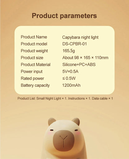 Cute Cartoon Capybara Silicone Night Light USB Rechargeable Timing Dimming Sleep Night Lamp for Children's Room Decor