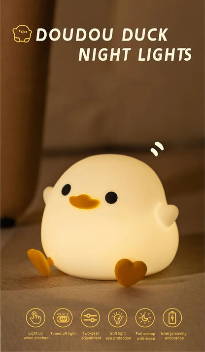 Duck Silicone Night Light for Children with Timer Usb Rechargeable Dimming Touch Lamp Sleeping Bedroom Cartoon Animal Decor Gift