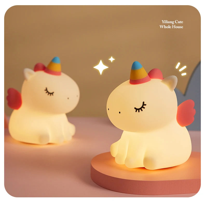 Unicorn Night Light Cute Silicone Night Light Creative Pat Lamp Touch USB Charging Cartoon Bedroom Decor Children Birthday Gift