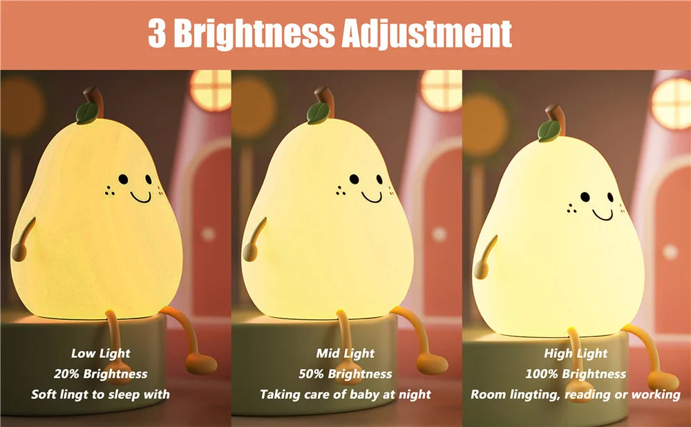 Night Lights for Kids Pear Shaped Cute Silicone Nightlight 7 Colors Dimmable Night Lamp USB Charging for Bedroom Bedside Room