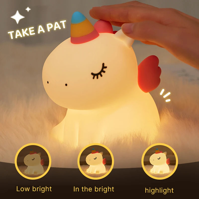 Unicorn Night Light Cute Silicone Night Light Creative Pat Lamp Touch USB Charging Cartoon Bedroom Decor Children Birthday Gift