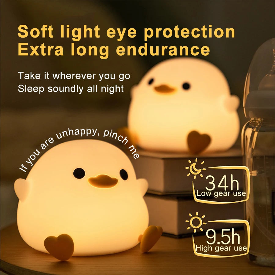 Duck Silicone Night Light for Children with Timer Usb Rechargeable Dimming Touch Lamp Sleeping Bedroom Cartoon Animal Decor Gift